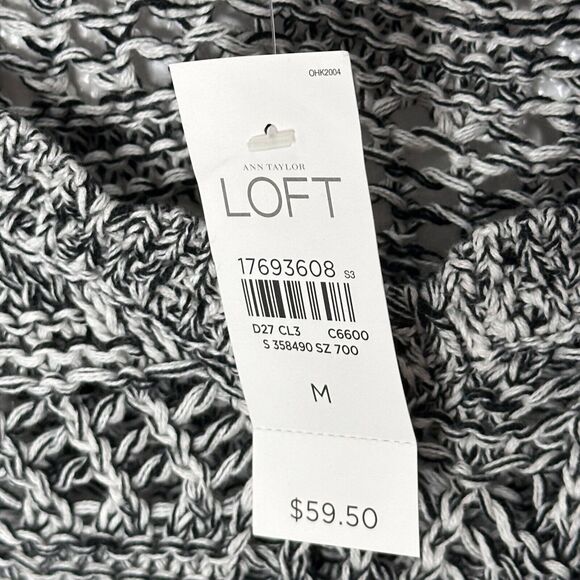 New Loft Sweater Sz M Gray Open Knit V-Neck Long Sleeve Pullover Scallop Boho - Picture 3 of 9
